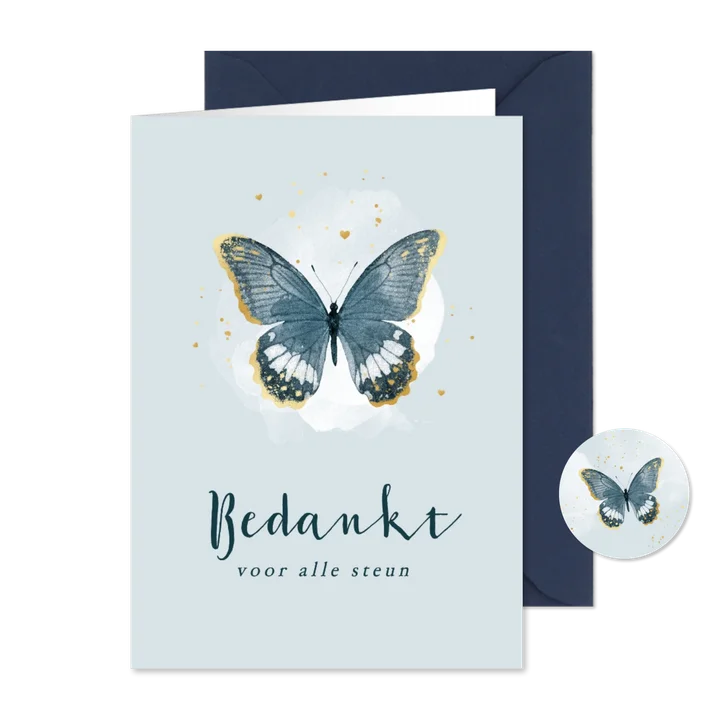 Bedankkaart rouw vlinders waterverf blauw goud bedankt