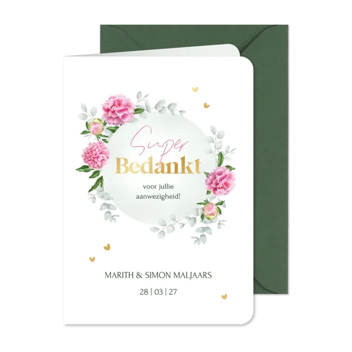 Bedankkaart roze pioenrozen en eucalyptus takjes