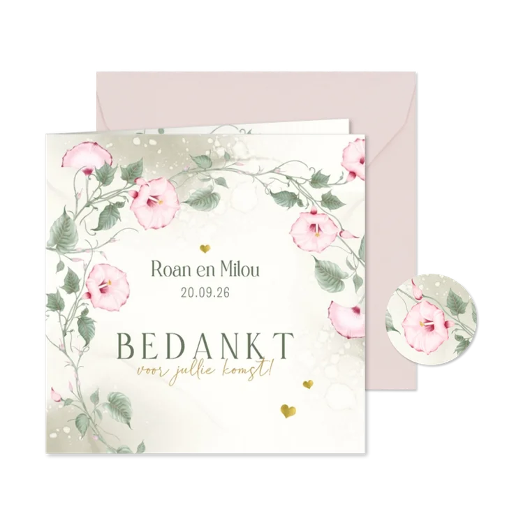 Bedankkaart trouw met roze klokwinde