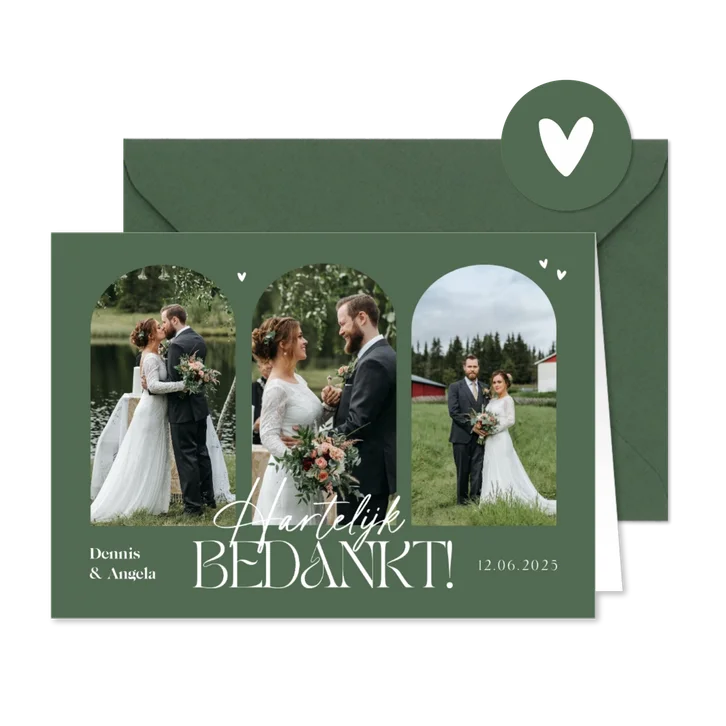 Bedankkaart trouwen bogen grafisch olijfgroen foto's hartjes