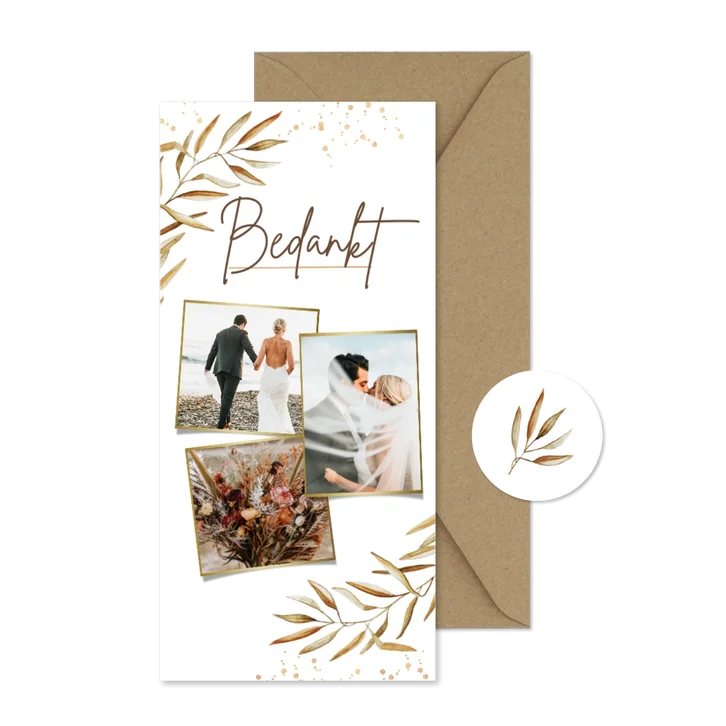 Bedankkaart trouwen goud bohemian takje foto's