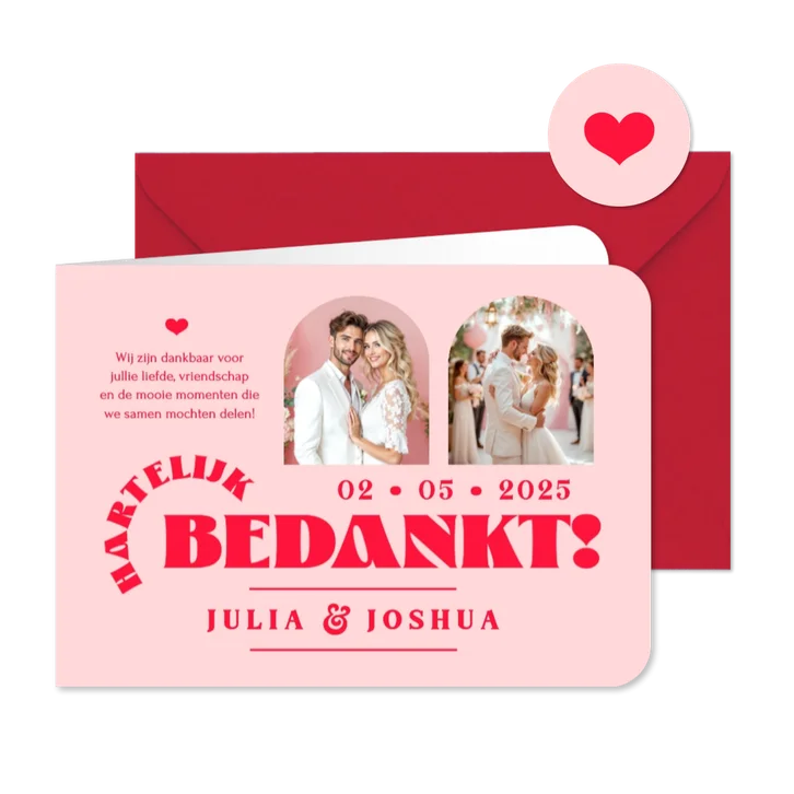Bedankkaart trouwen hip modern romantisch roze rood foto's