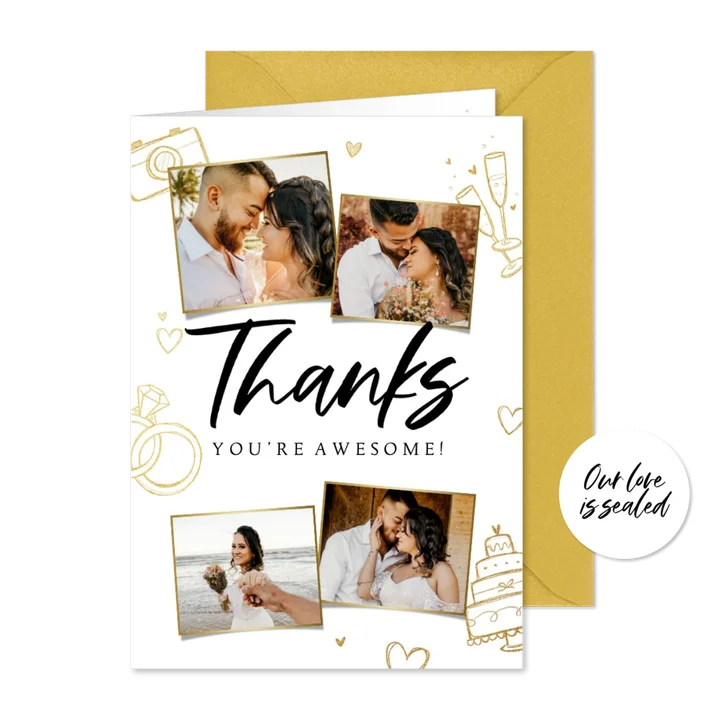 Bedankkaart trouwen hip trendy goud doodle foto's