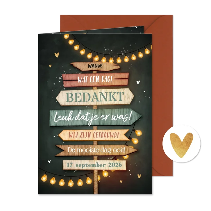 Bedankkaart trouwen houten wegwijzers lampjes krijt