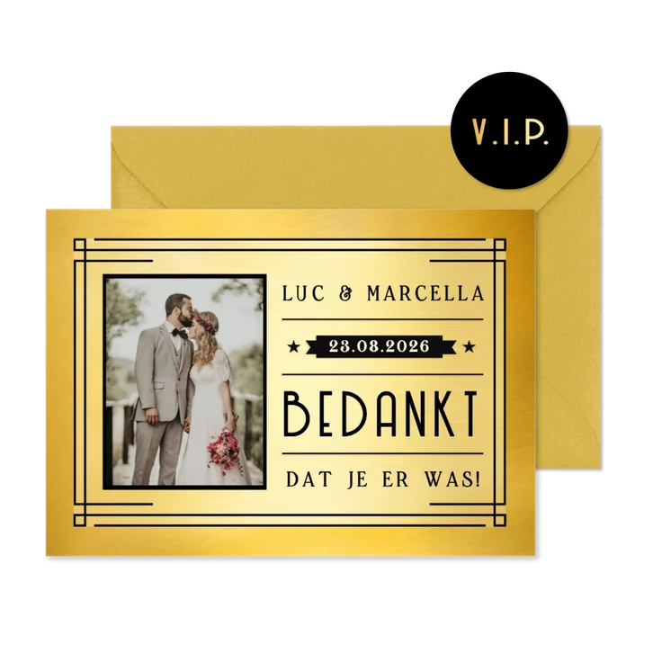 Bedankkaart trouwen met foto in retro VIP ticket stijl