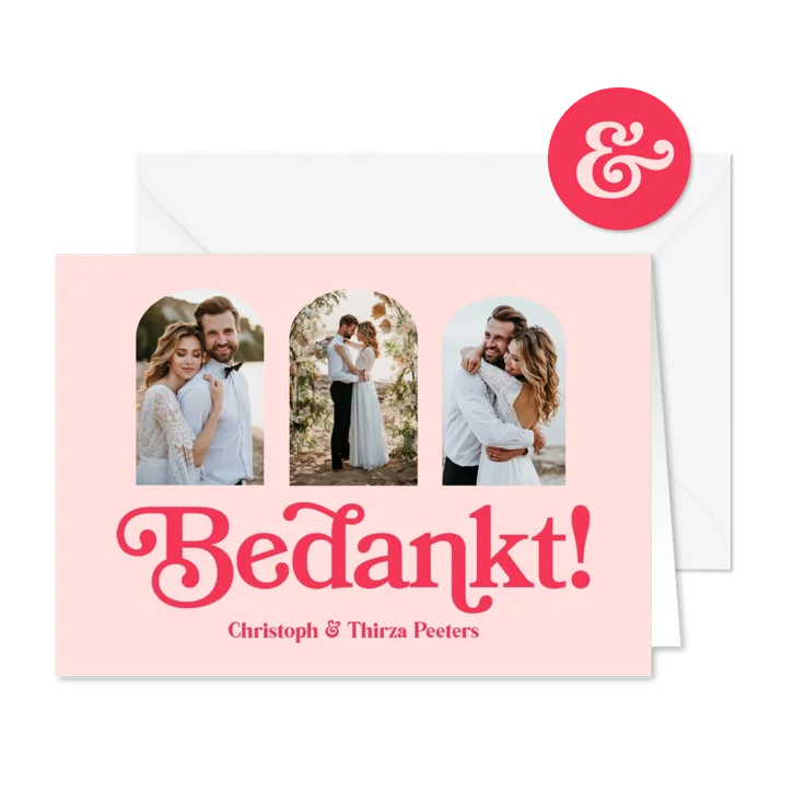 Bedankkaart trouwen retro typografisch roze fotokaart