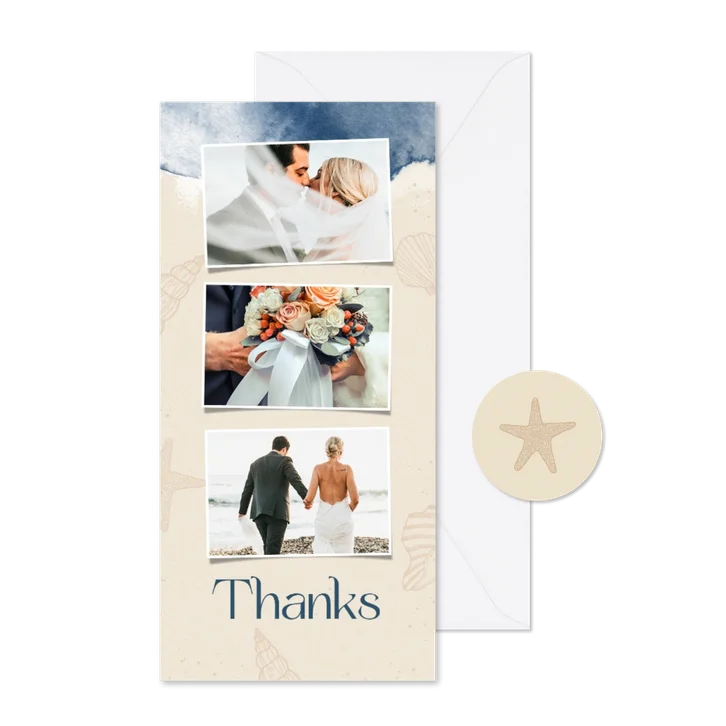 Bedankkaart trouwen strand waterverf schelpen foto's