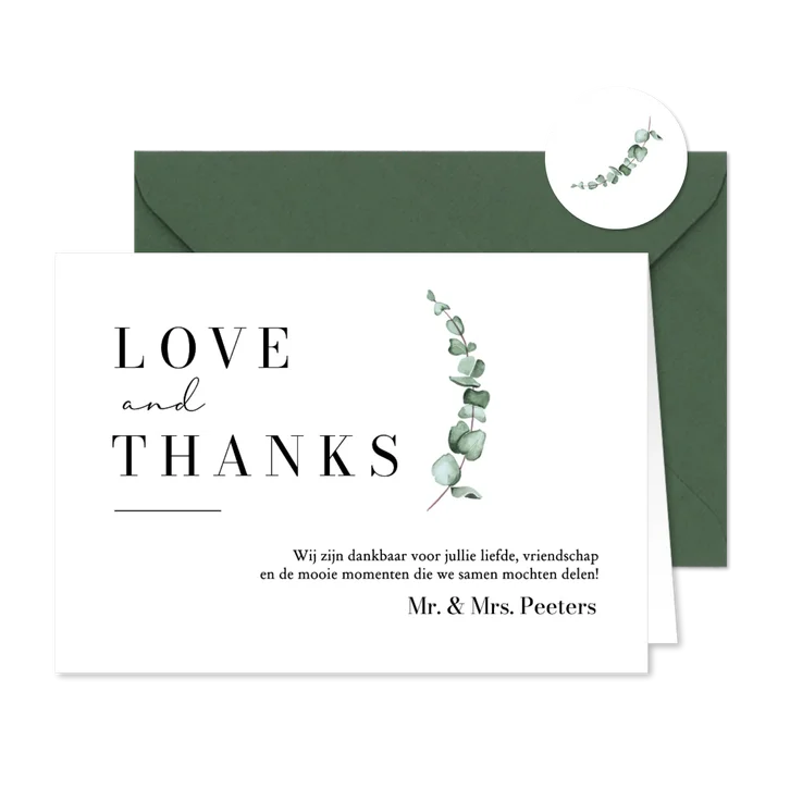 Bedankkaart trouwen thanks eucalyptus klassiek stijlvol
