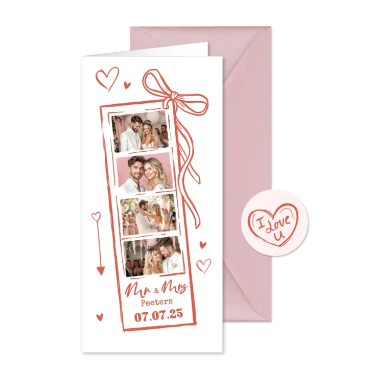 Bedankkaart uniek fotostrip trouwen romantisch hip