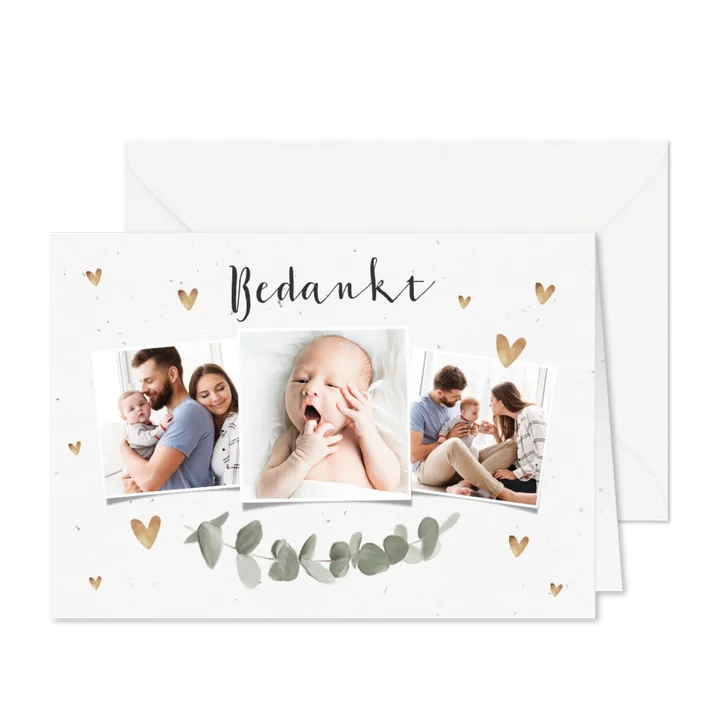 Bedankkaart voor doopviering met eucalyptus en foto's