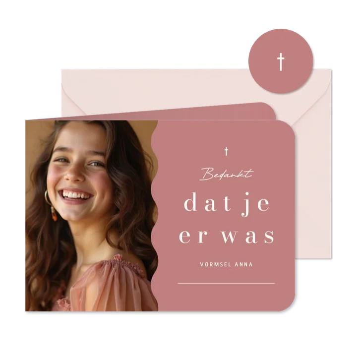 Bedankkaart vormsel communie oudroze met foto
