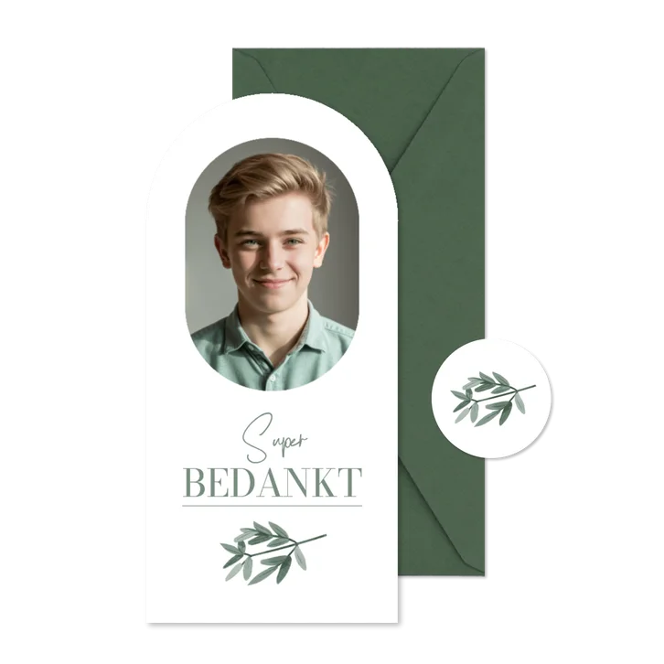 Bedankkaart vormsel takjes stijlvol boogkaart groen foto