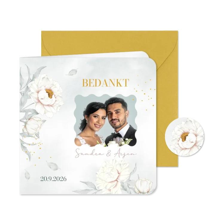 Bedankkaart witte pioenrozen met goudlook
