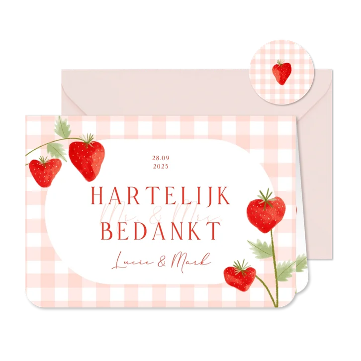 Bedankkaartje bruiloft aardbeien roze ruitjes