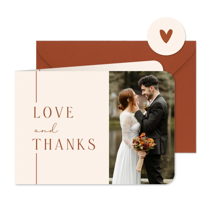 Bedankkaartje bruiloft beige met lijn terracotta modern
