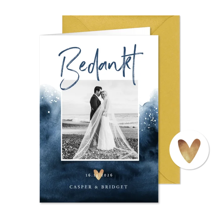 Bedankkaartje bruiloft verf inkt blauw met goudaccent hartje