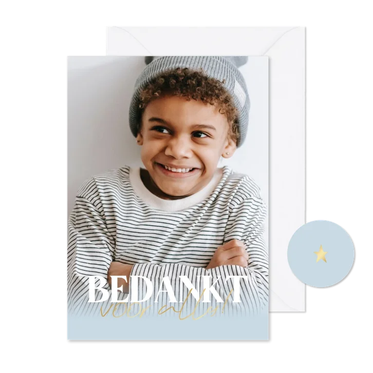 Bedankkaartje communie grote foto goudfolie