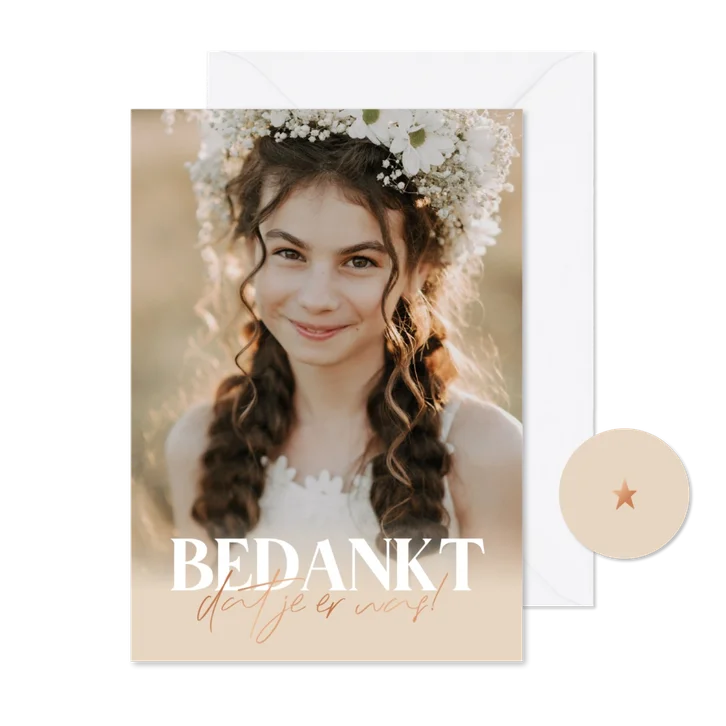 Bedankkaartje communie grote foto tekst in koperfolie