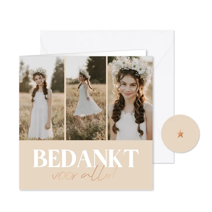 Bedankkaartje communie grote tekst met folie fotocollage