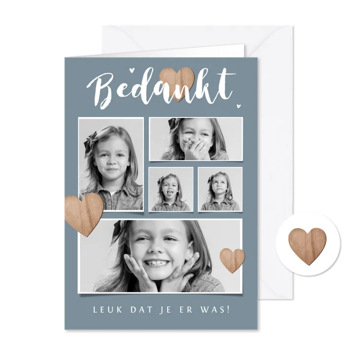 Bedankkaartje communie lentefeest fotocollage houten hartjes