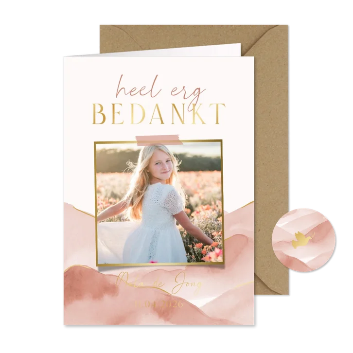 Bedankkaartje communie met roze landschapje en goud