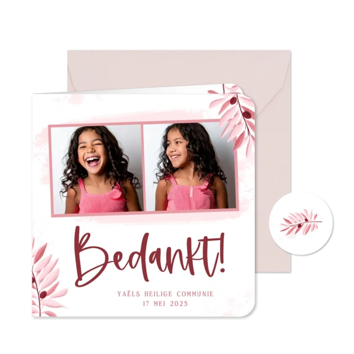 Bedankkaartje communie roze olijftakjes fotostrip meisje