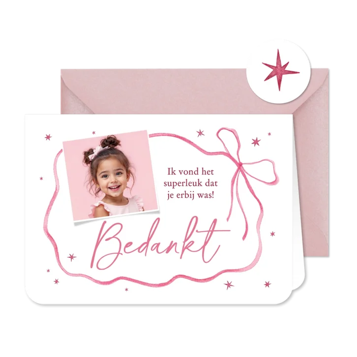 Bedankkaartje communie strikje roze waterverf sterren foto