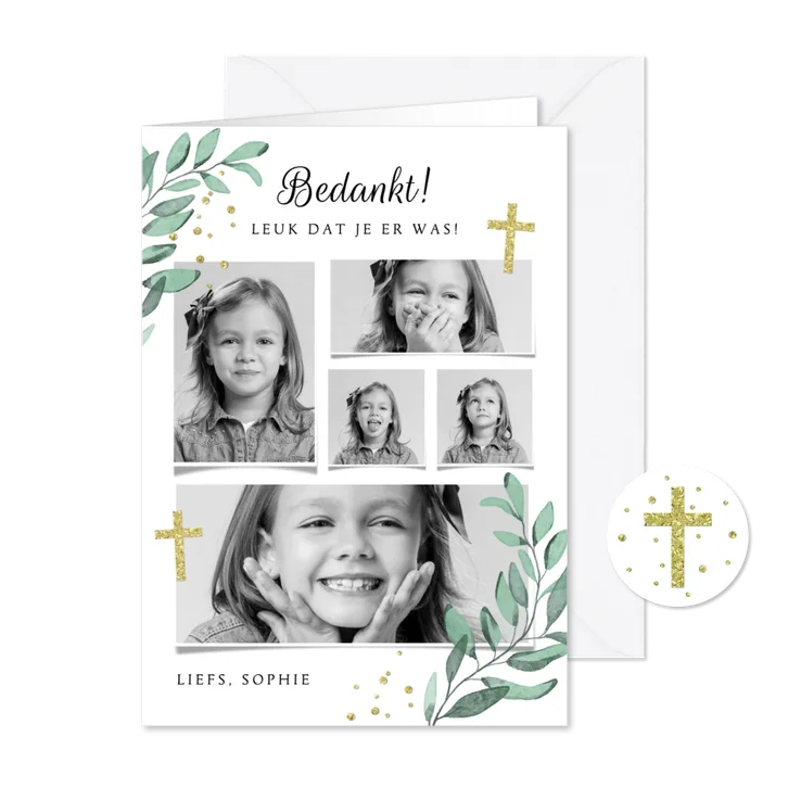 Bedankkaartje communie vormsel fotocollage christelijk goud