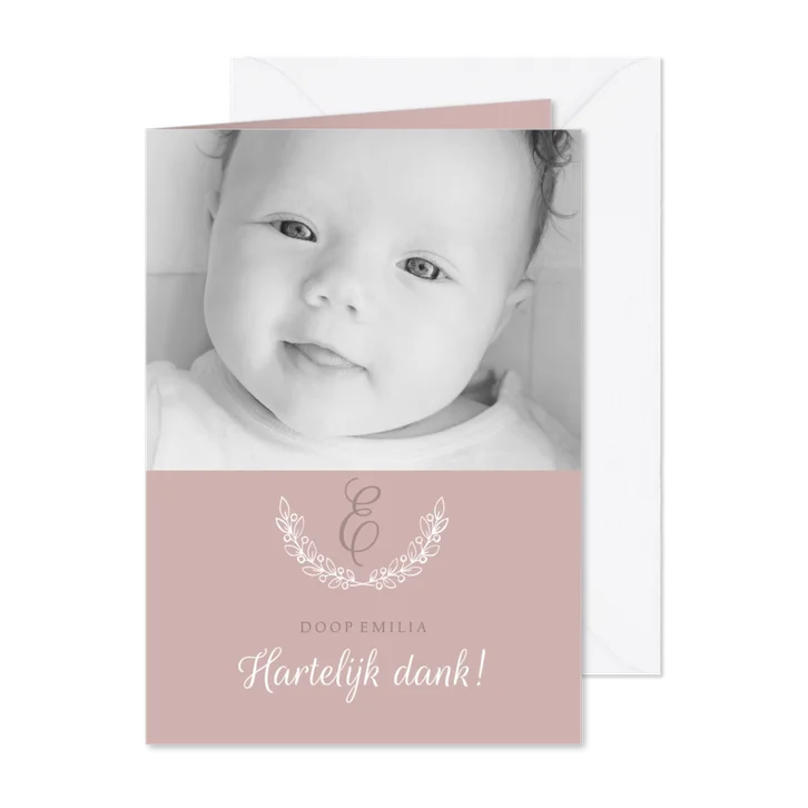 Bedankkaartje doop foto & initaal oudroze