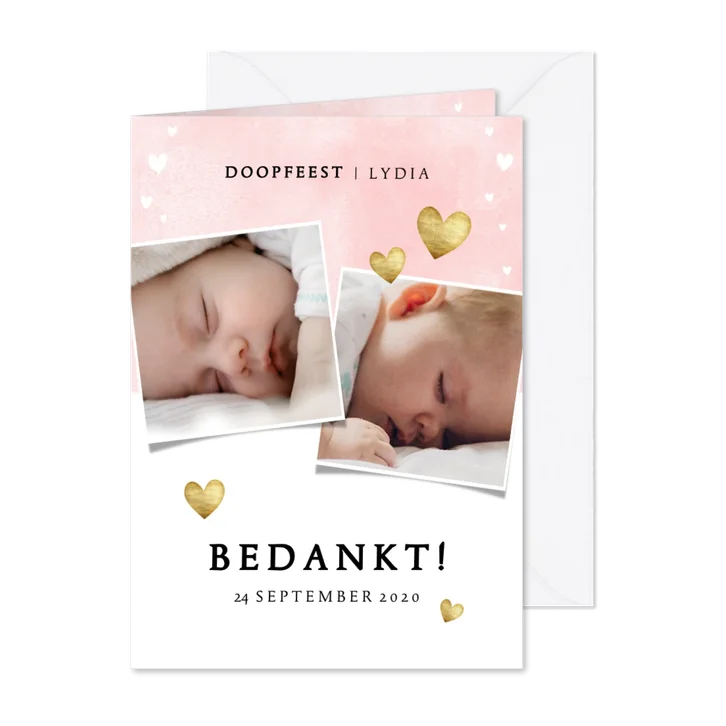 Bedankkaartje doopfeest roze waterverf, hartjes en foto's