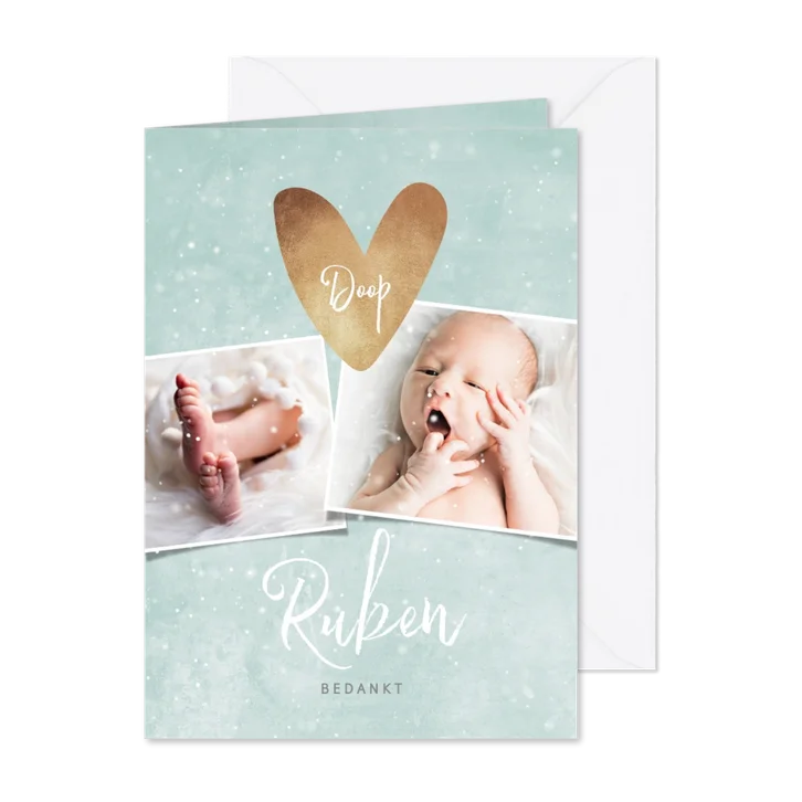 Bedankkaartje doopsel groen, fotocollage en hartje