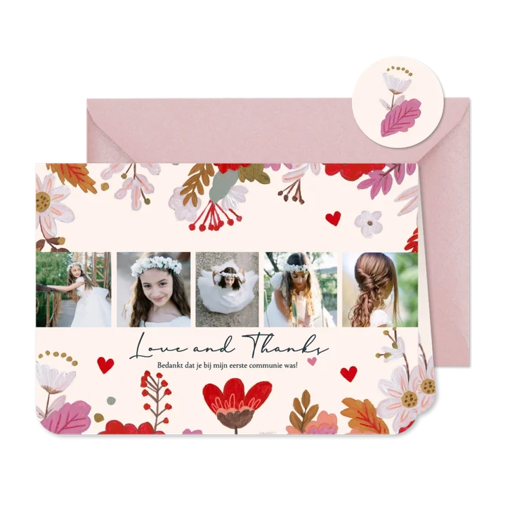 Bedankkaartje eerste communie bloemen op ecru