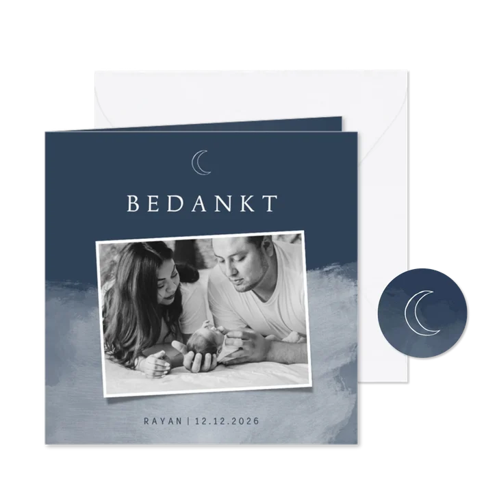 Bedankkaartje geboorte waterverf en maantje