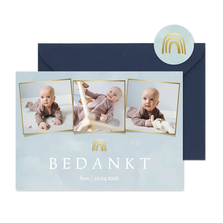 Bedankkaartje geboorte wolkjes en regenboog blauw