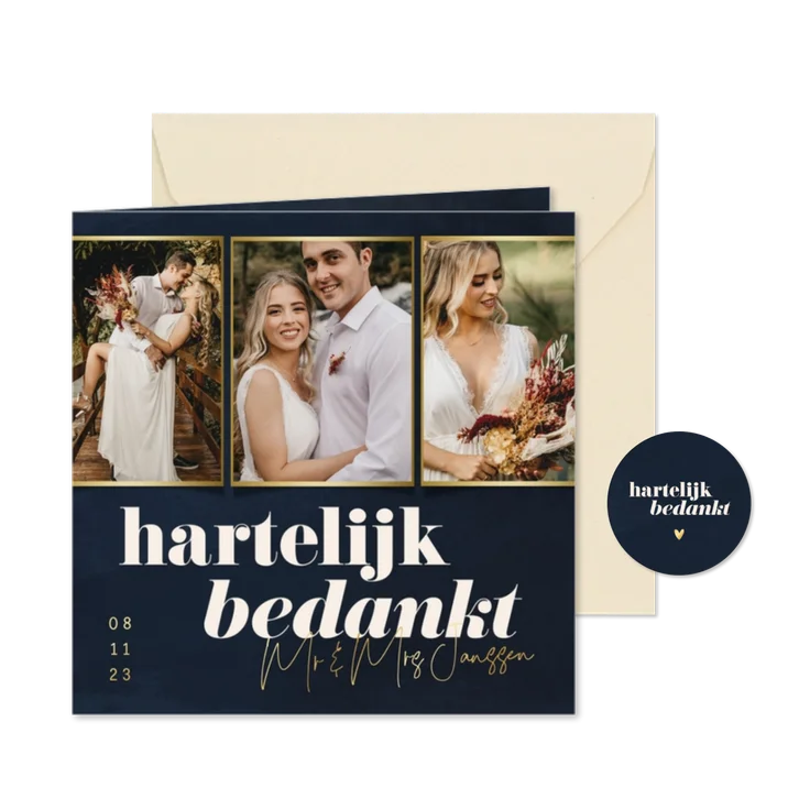 Bedankkaartje huwelijk fotocollage donkerblauw waterverf