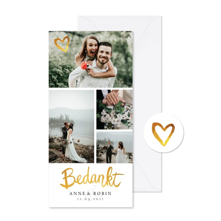 Bedankkaartje huwelijk fotocollage stijlvol goud