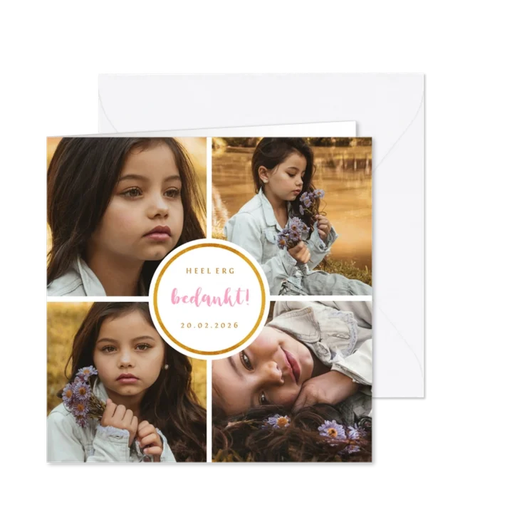 Bedankkaartje met 4 foto's vierkant met cirkel
