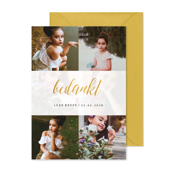 Bedankkaartje met fotocollage en goudlook bedankt