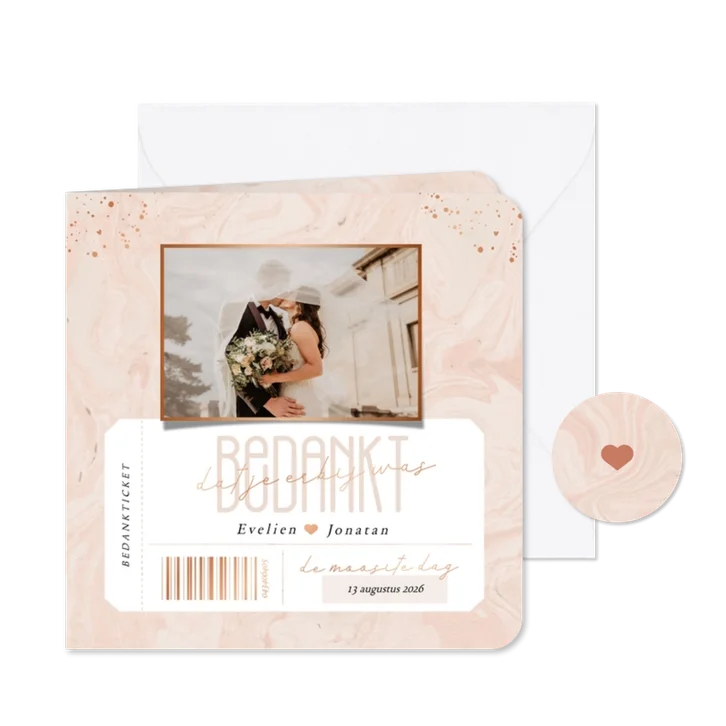 Bedankkaartje voor huwelijk met foto roze marmer ticket