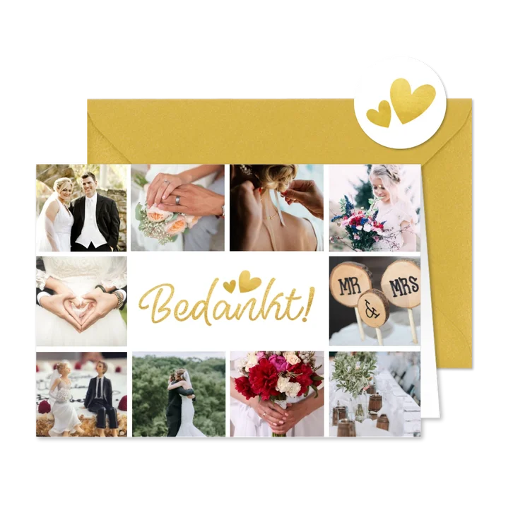 Bedankt kaartje trouwen fotocollage met 10 foto's