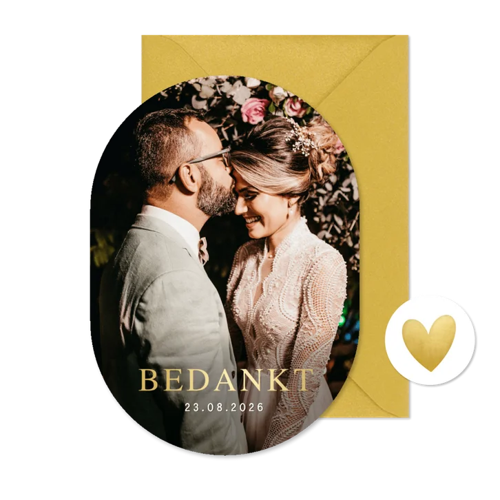 Bedankt trouwkaart in ovale vorm met grote eigen foto