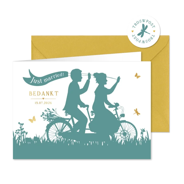 Bedankt trouwkaart met silhouet van huwelijkspaar op tandem
