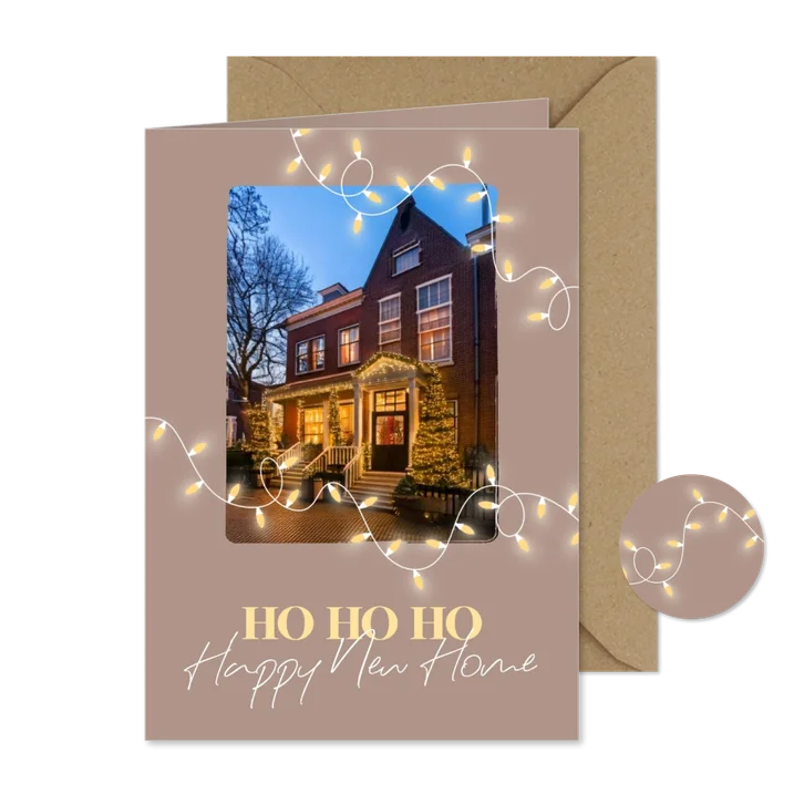 Beige foto verhuiskaart met kerstlampjes