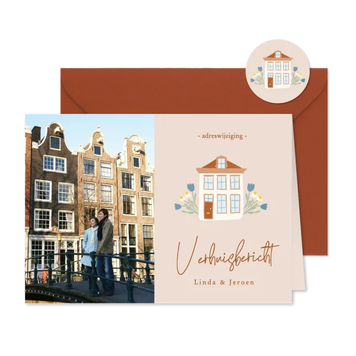Beige fotokaartje verhuizing met huisje en bloemen