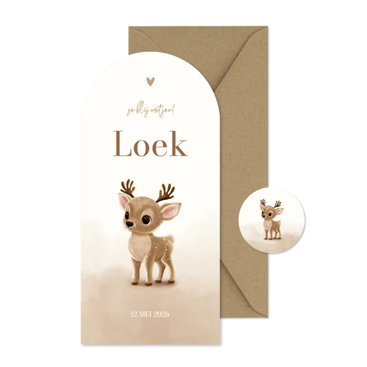 Beige geboortekaartje hertje boog met waterverf