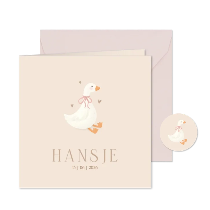 Beige geboortekaartje lief gans met strik meisje klassiek