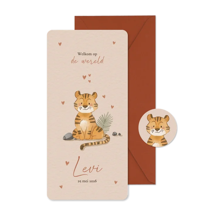 Beige geboortekaartje met getekend tijgertje