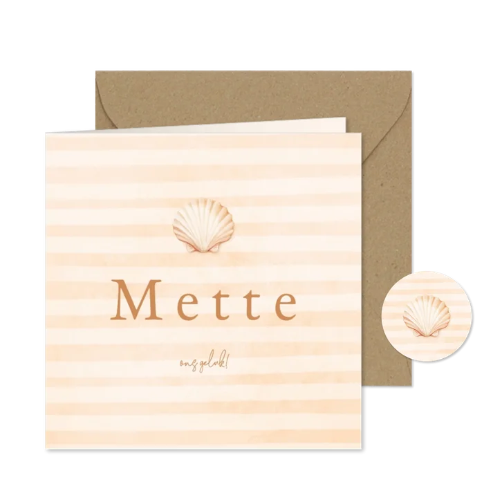 Beige geboortekaartje met schelp en en streepjes