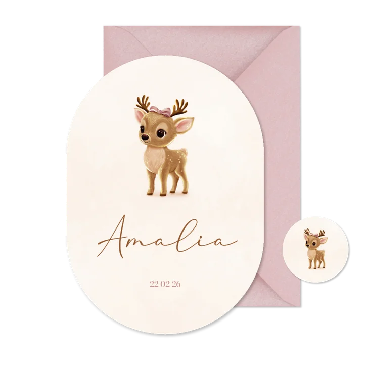 Beige ovaal geboortekaartje hertje met strik 