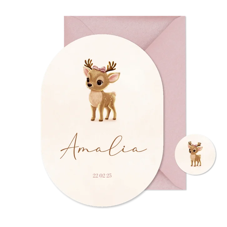 Beige ovaal geboortekaartje hertje met strik